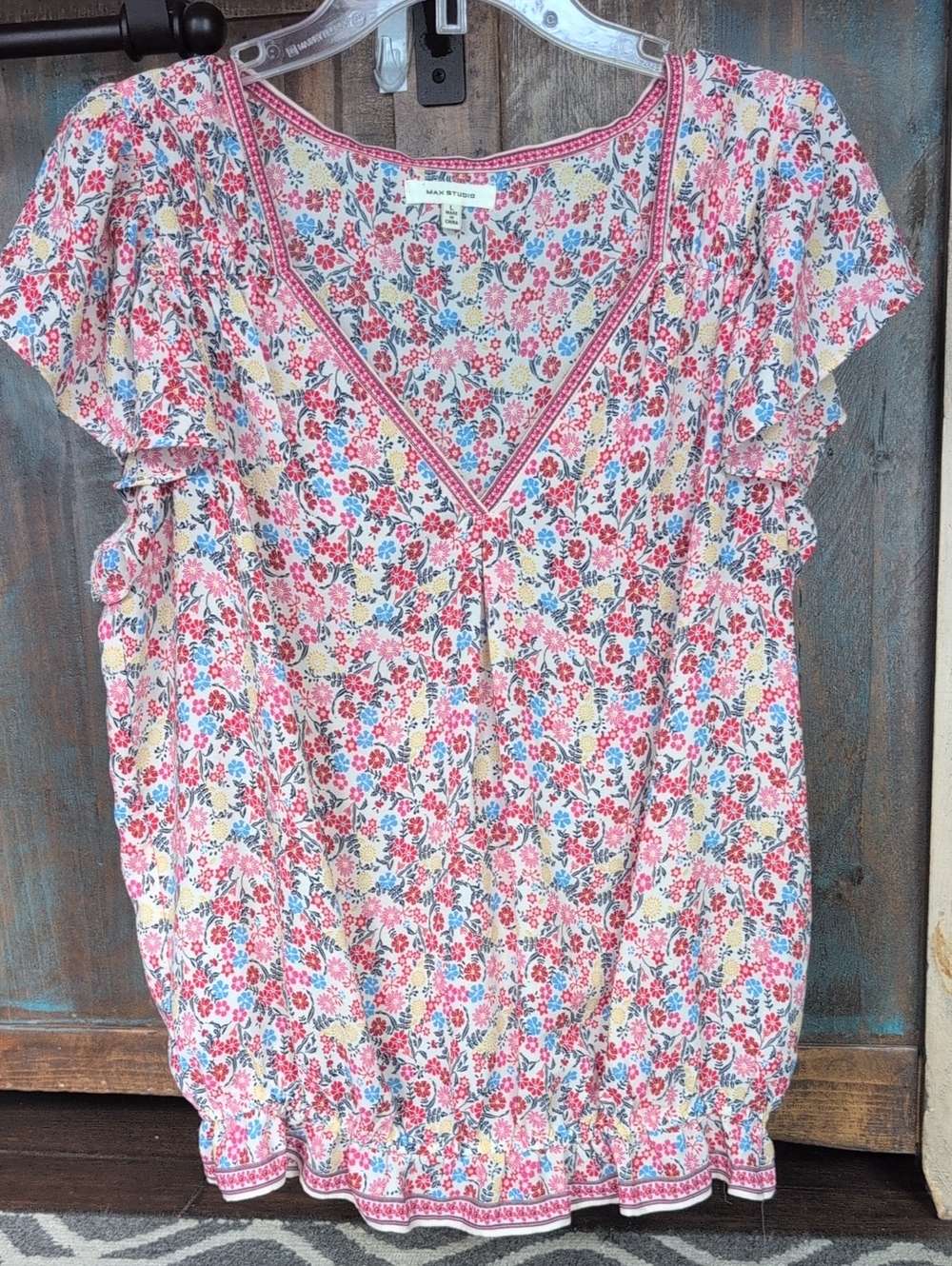 Max Studio Floral Print V-Neck Blouse Cap Sleeves Smock Bottom - Women's Large